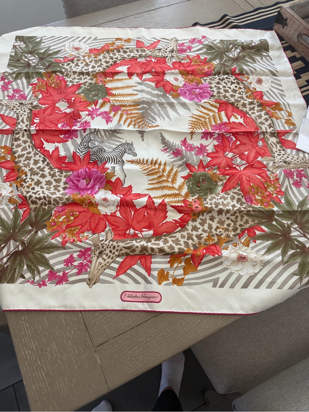 Salvatore Ferragamo Cream Silk Scarf with Red Leaves and Gold Accents